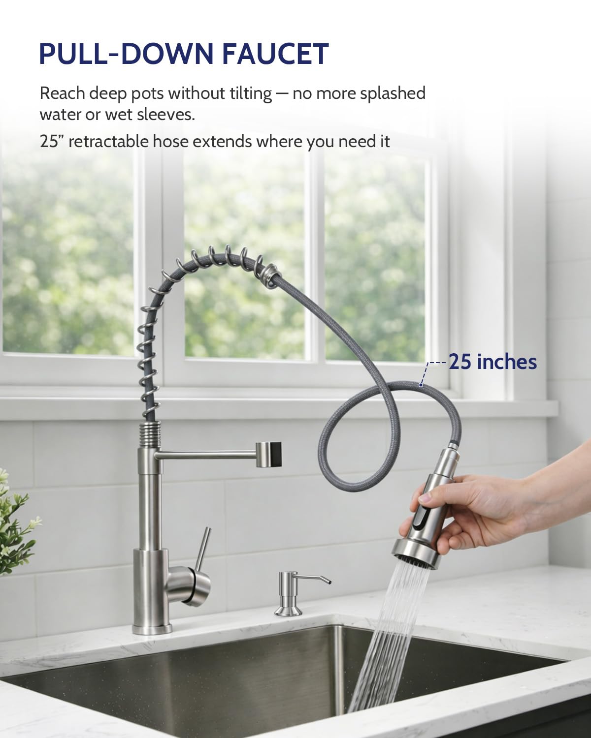 LUFEIDRA Kitchen Faucet with Pull Down Sprayer and Soap Dispenser, High Arc Spring 304 Stainless Steel Single Handle 1 or 3 Hole 2 Mode for Farmhouse RV Camper Laundry Bar Pot Filler (Brushed Nickel)