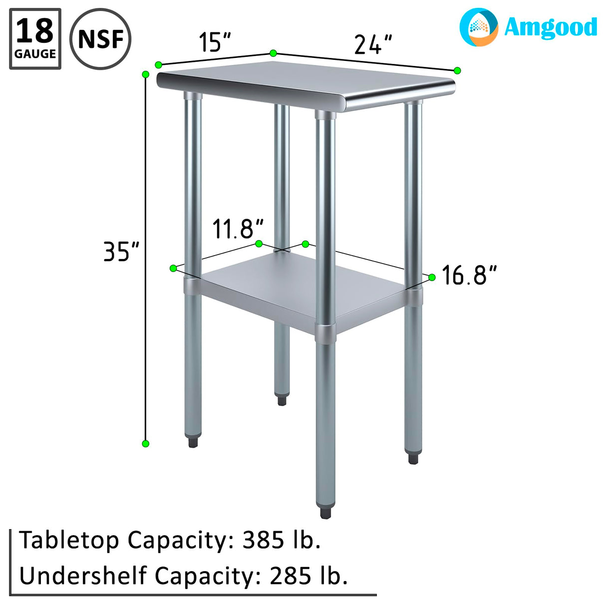 AmGood 24 in. x 15 in. Stainless Steel Work Table with Wheels | Metal Kitchen Food Prep Table | NSF