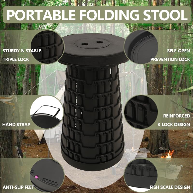 2025 Collapsible Stool Chair, Max 660lb Upgraded Folding Stool, Lightweight, Sturdy, Adjustable, Portable, Foldable Seat Stools for Outdoor Camping Fishing Hiking BBQ