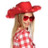 Funcredible Santa Light Up Cowboy Hat and Glasses - Christmas Cowgirl Hat - Feather Led Red Hats - Xmas Cowgirl Outfits for Women