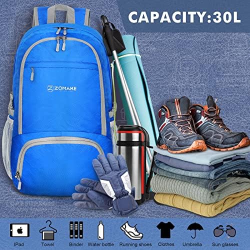 ZOMAKE Lightweight Packable Backpack 30L, Foldable Hiking Backpacks Water Resistant Compact Folding Daypack for Travel(Dark Blue)