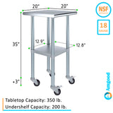 AmGood 20 in. x 20 in. Stainless Steel Work Table with Wheels | Metal Kitchen Food Prep Table | NSF