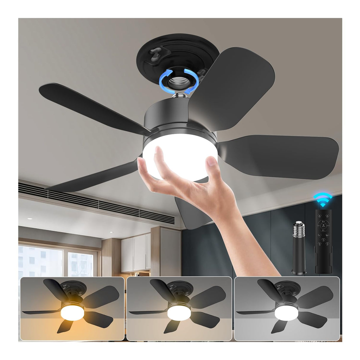 aupuslite 20" Socket Fan Light with Remote, 30W 2000 Lumens, 3 Colors 3000-6000K Small Ceiling Fans with Lights 6 Speed Wind Light Bulb Fan for Bedroom, Living Room, Kitchen, Laundry Room