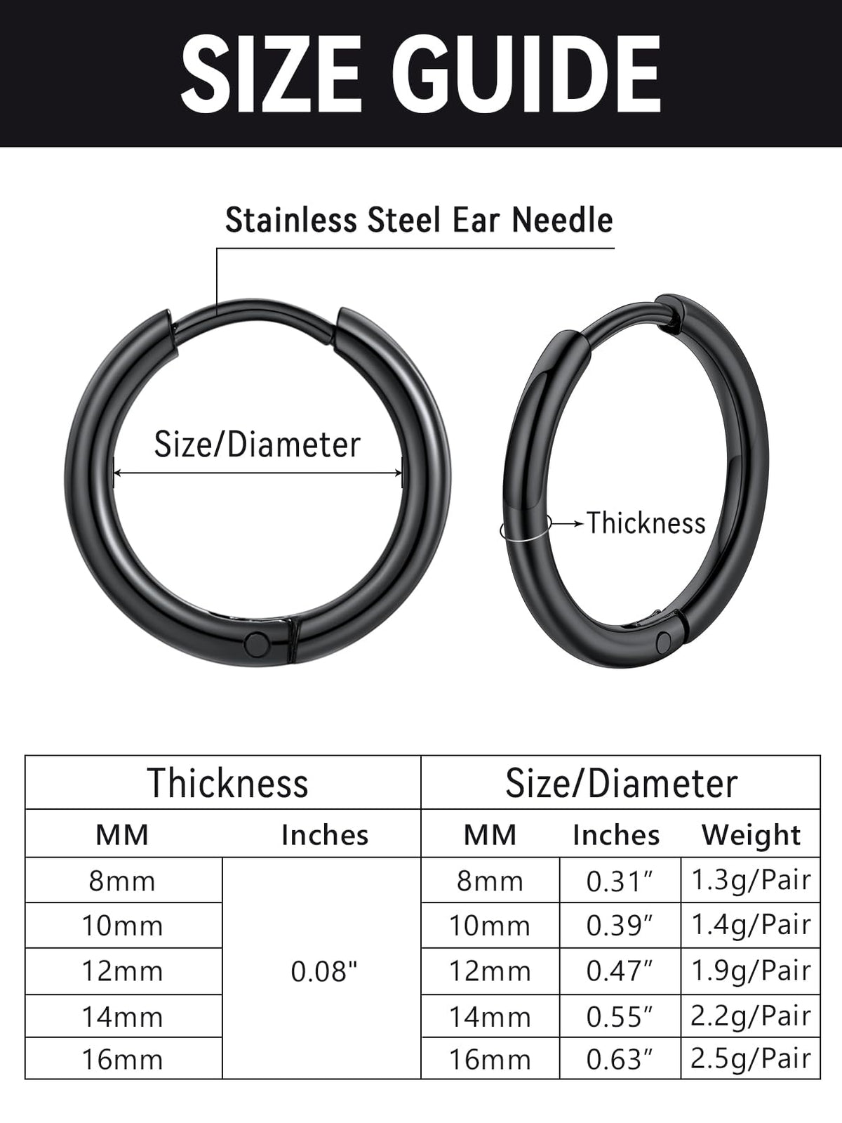 FaithHeart Stainless Steel Black Huggie Hoop Earrings for Men 10mm