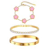 MPRAINBOW Womens Stackable Floral Bracelets, 3Pcs 18K Gold Plated Bracelet,Stainless Steel Bangle Chain Non Tarnish, Bracelet Set Trendy Jewelry,Christmas Valentines Birthday Gift for Girlfriend
