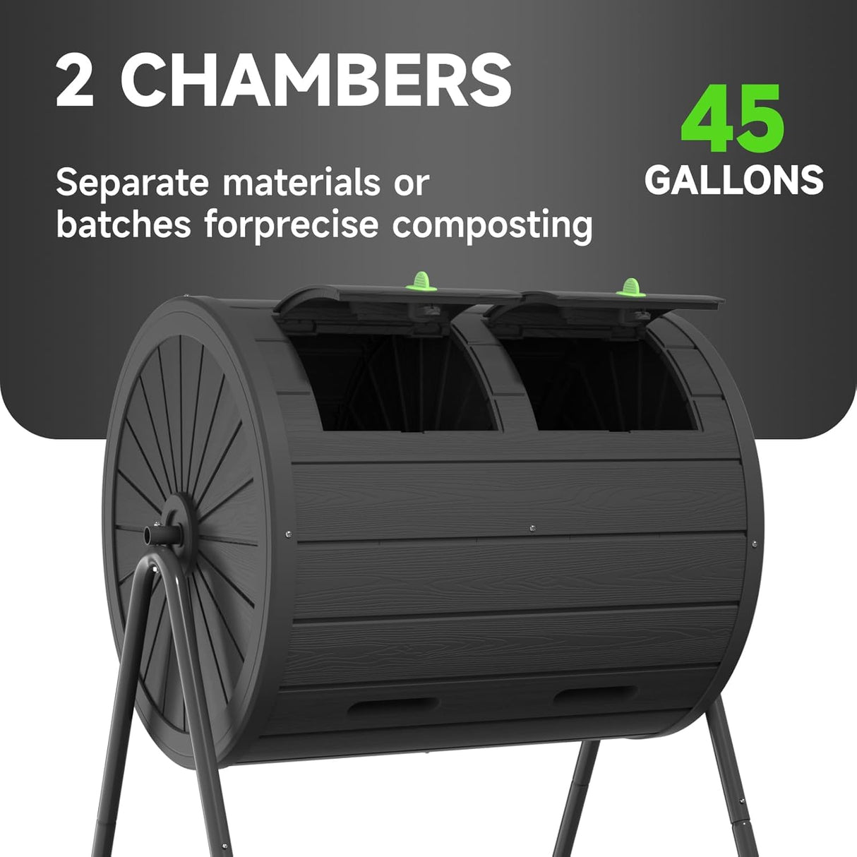 PatioZen Dual Chamber Tumbling Composter 45 Gallon Large Outdoor Tumbling Composter Efficient Batch Composting Easy Turn Design (Black,45 Gal)