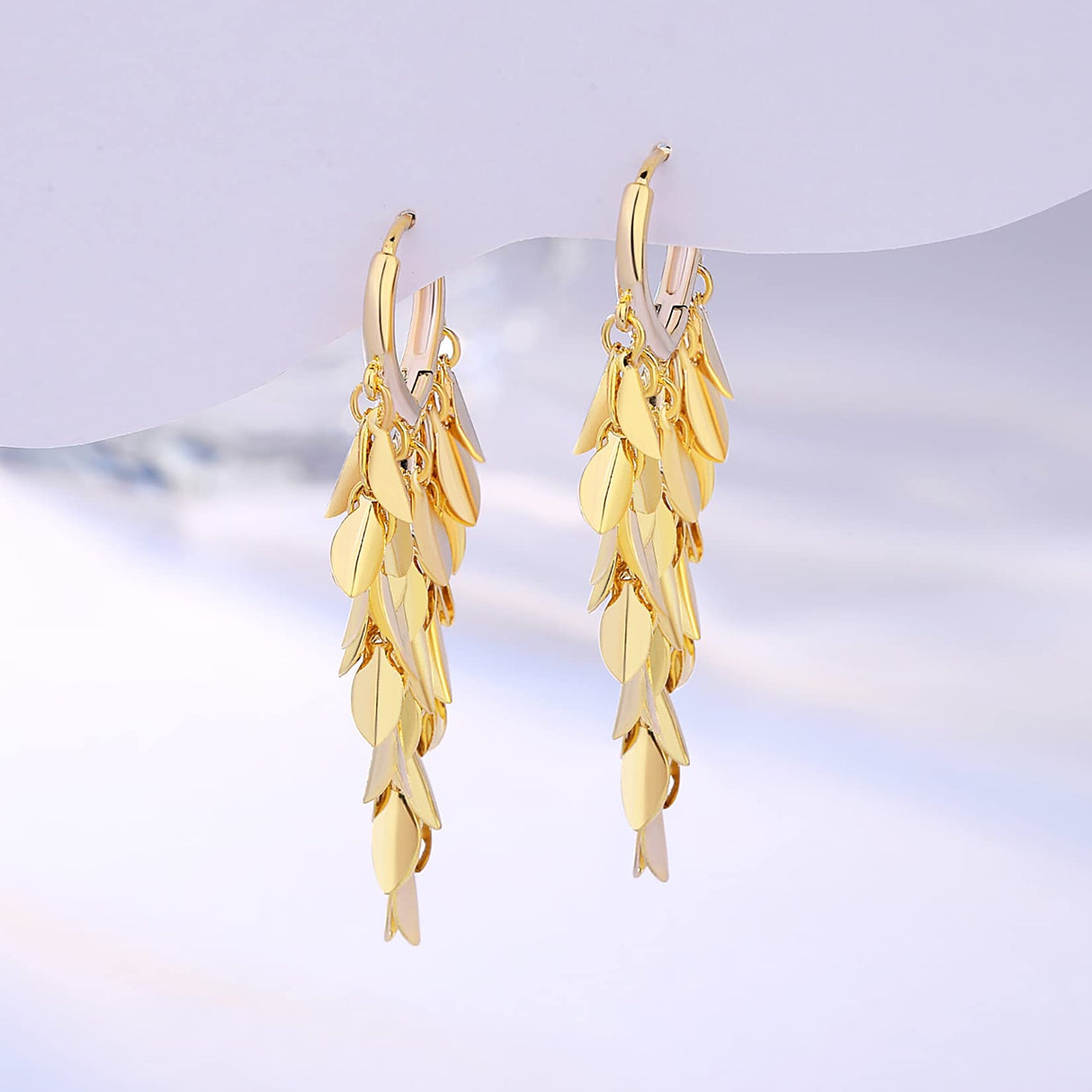 Hius 18K Gold Plated Sparkle Leaf Hoop Dangling Earrings for Women