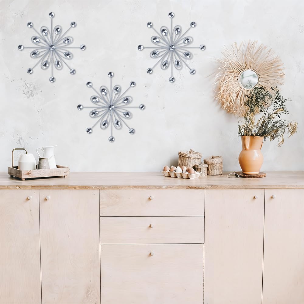 hogardeck Metal Flower Wall Decor, 3pcs 9" Silver Metal Jeweled Wall Art Bling Crystal Home Décor, Sun Burst Rhinestone Hanging Diamond Accents for for Indoor, Outdoor, Living Room, Bedroom