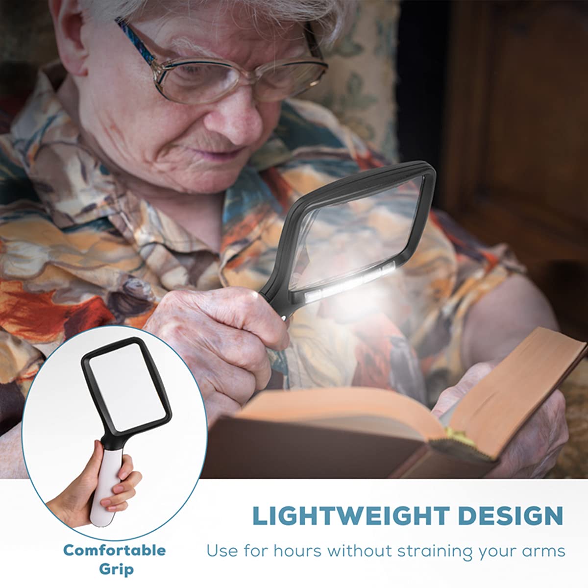 Folding Handheld Magnifying Glass with Light, 3X Large Rectangle Reading Magnifier with Dimmable LED for Seniors with Macular Degeneration, Newspaper, Books, Small Print, Lighted Gift for Low Visions