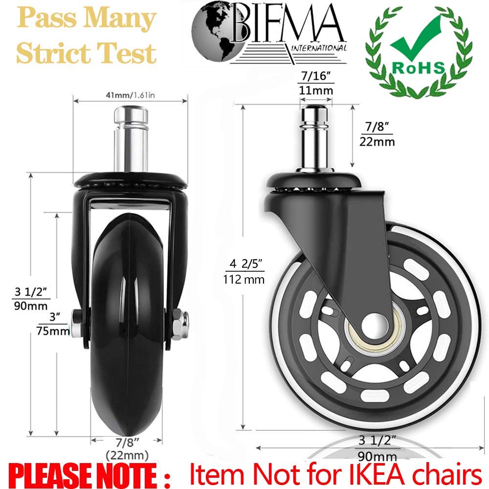 Office Rubber Chair Casters Replacement, 3 Inch Heavy-Duty Computer Gaming Desk Caster Wheels Smooth & Safe Rolling for All Floors Including Hardwood and Carpet, Set of 5