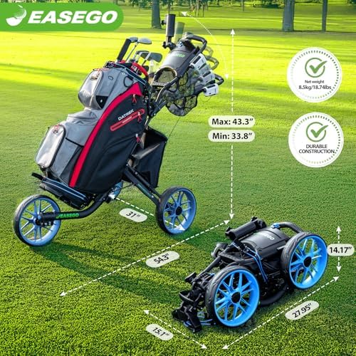 Golf Push Cart 3 Wheel : Golf Bag Cart Foldable with Phone Holder/Cup/Umbrella Holder Compact Golf Pull Carts Quick Fold Golf Caddy Push Carts with Large Wheelbase for Different Terrain