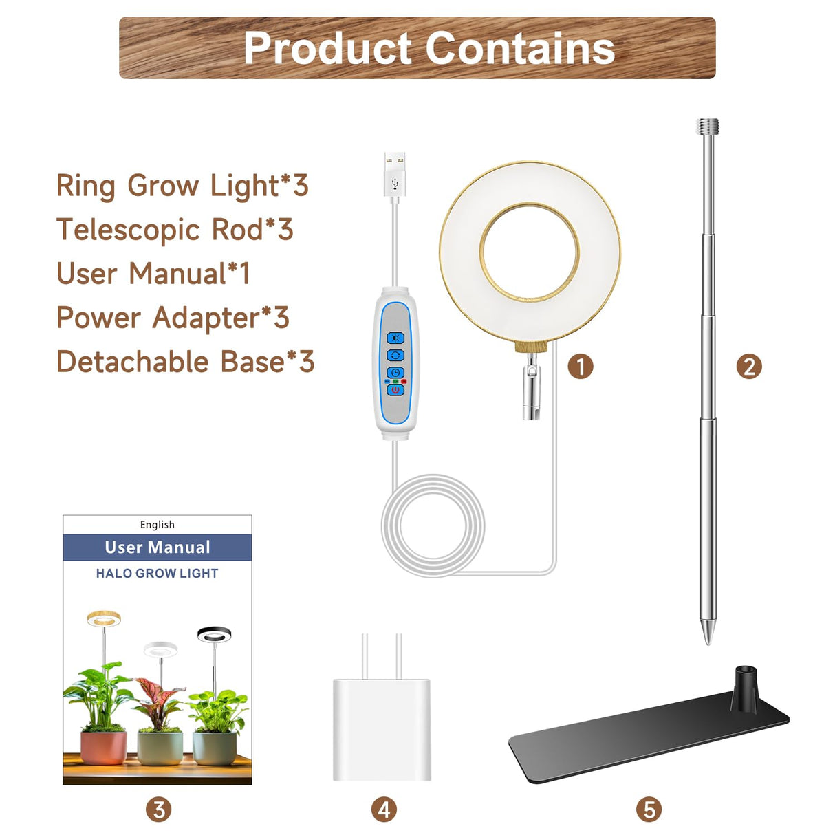 Aokrean Grow Light, 48 LEDs Full Spectrum Plant Lights for Indoor Growing, Height Adjustable Wood Grain Plant Grow Light with Base, 3 Optional Spectrums, Auto Timer 6/12/16Hrs, 5 Brightness