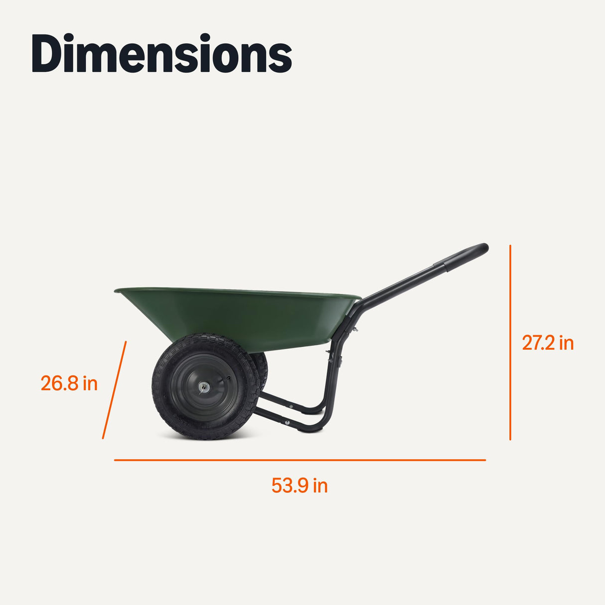 Amazon Basics Garden Wheelbarrow, Heavy Duty, 330 Pounds Capacity, 3.7 Cubic Feet, 26.8W x 53.9D x 27.2H inches, Green, 1-Pack