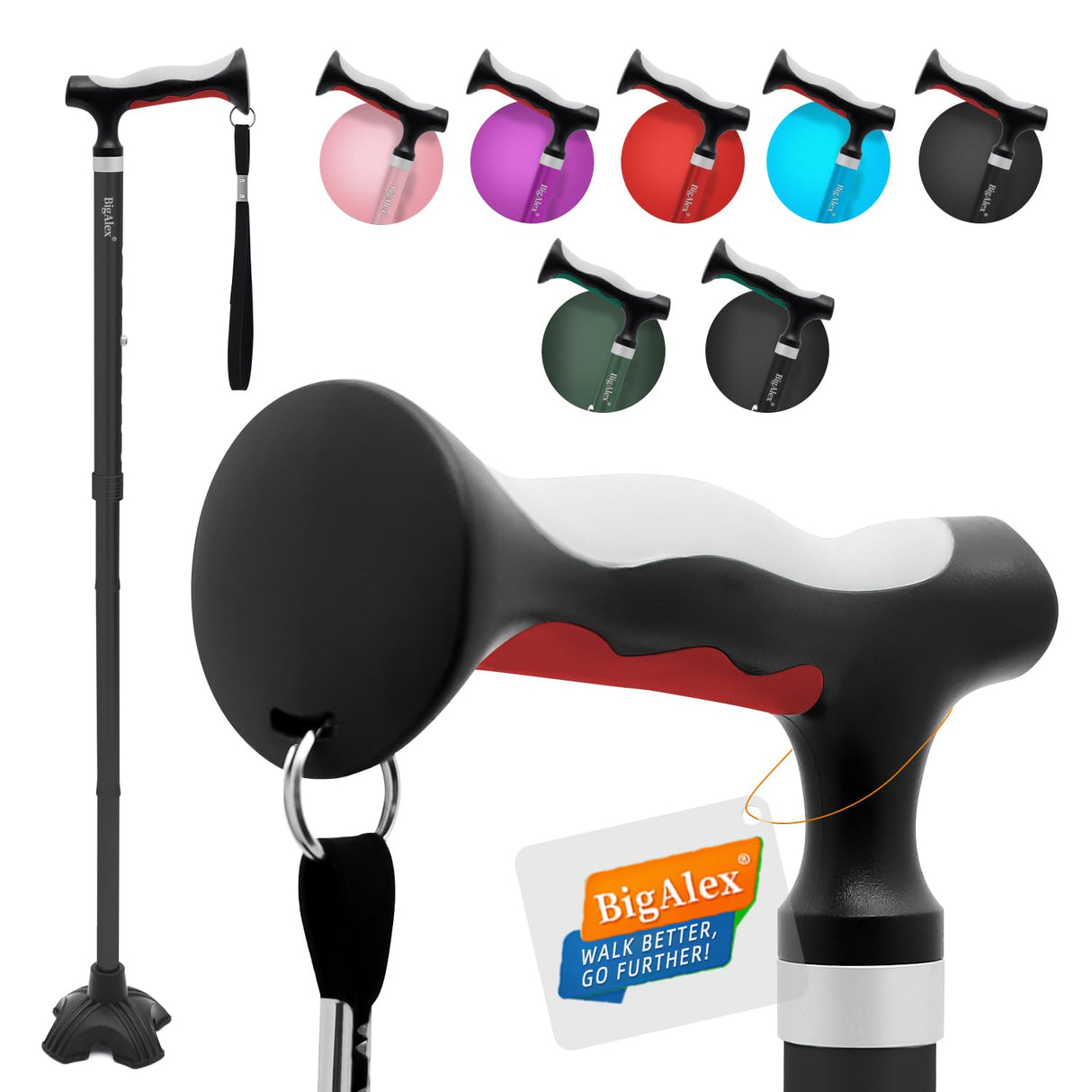 BigAlex Lightweight Collapsible Walking Cane with Soft Comfortable TPR Handle for Seniors and Elderly Adults, Larger Handle for Comfort, Adjustable Support Stick, Portable Travel Aid for Men & Women