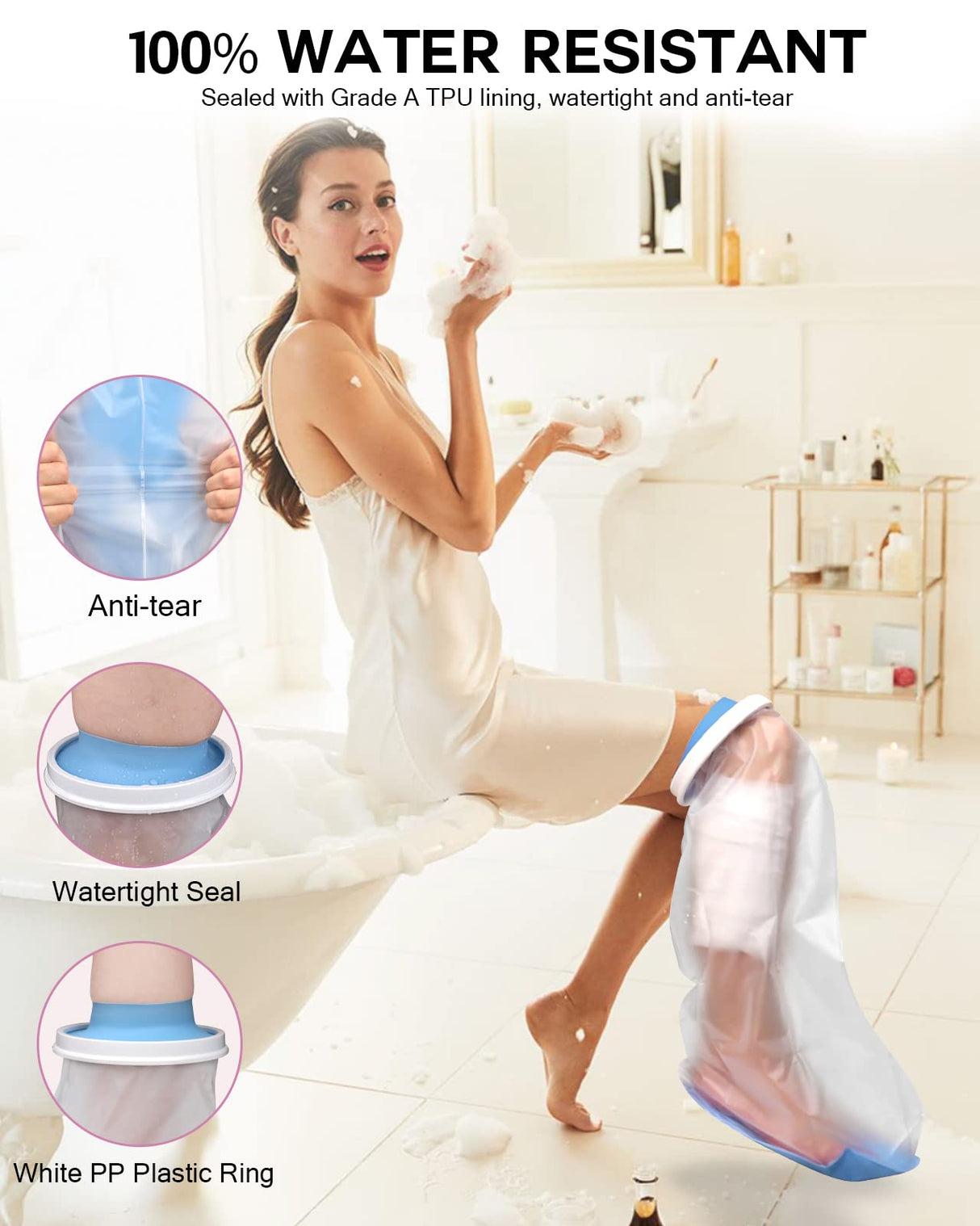 DNEOUXI Waterproof Cast Covers for Shower Leg Adult, Cast Cover for Leg with Non-Slip Bottom, Watertight Leg Cast Protector for Knee Shank Foot Ankle Surgery Dressing Wound, Reusable