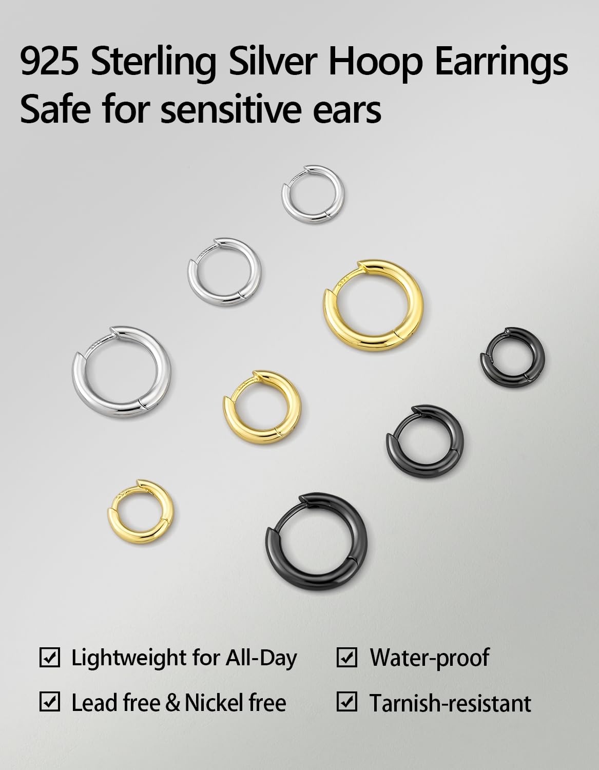 KRKC&CO Hoop Earrings for Men, 925 Sterling Silver Set, White Gold Plated