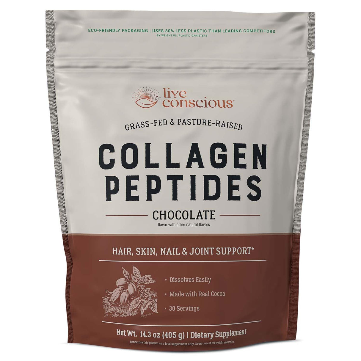 Live Conscious Collagen Peptides Powder - Chocolate Collagen Powder - Hair, Skin, Nail, and Joint Support - Type I & III Grass-Fed Collagen Supplements for Women and Men - 30 Servings - 14.3oz