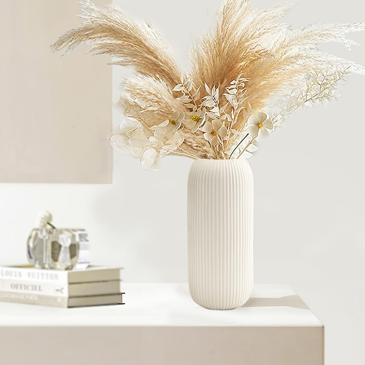 Ceramic Vase for Flowers – Modern Small Ribbed Textured Flower Vase for Home Decor, Pampas Grass, Decorative, Farmhouse, Coffee Table, Kitchen Centerpieces, Bookshelf and Home Living (XL White)