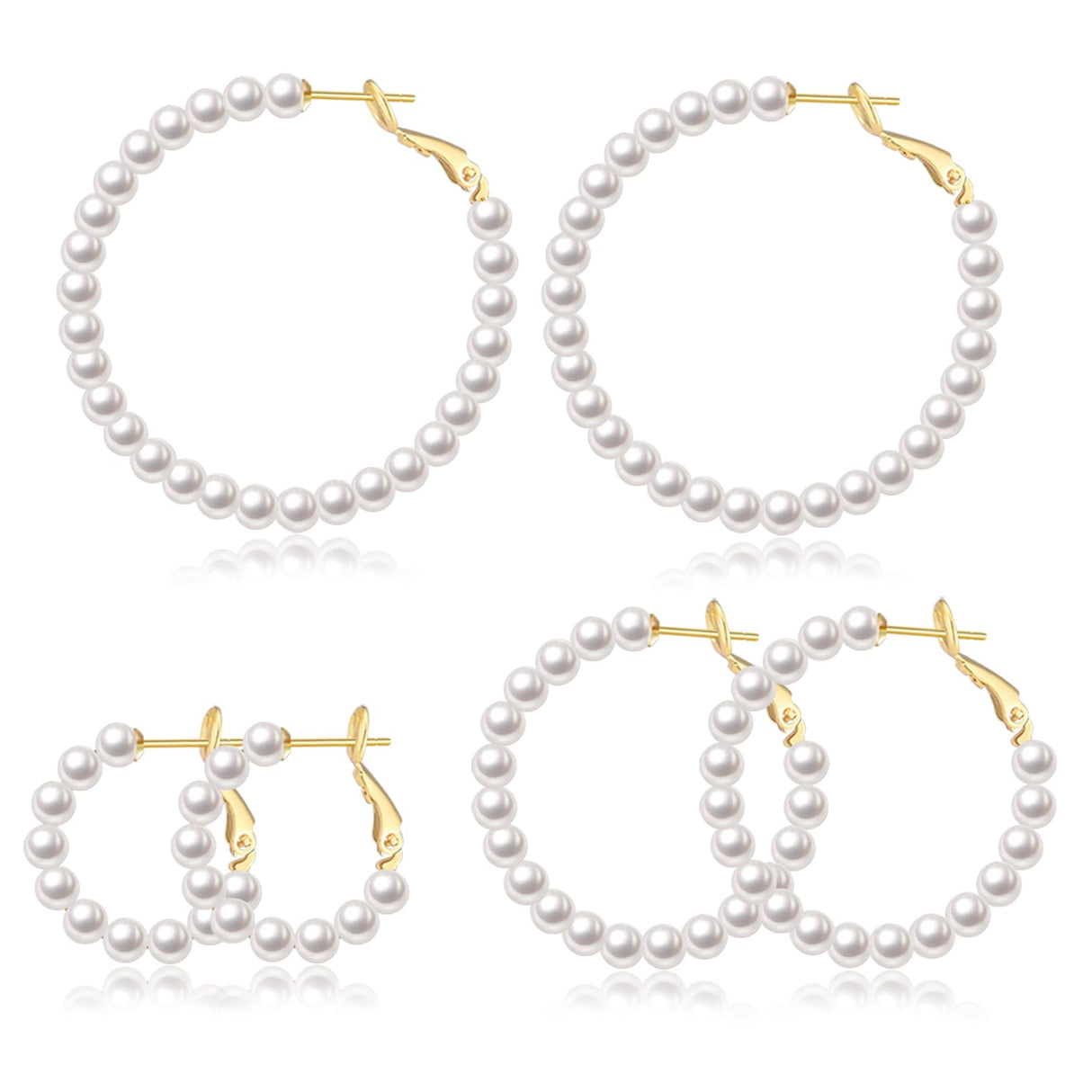 CERSLIMO Pearl Hoop Earrings for Women - 3 Pairs 14K Gold Plated Pearl Hoop Earrings Set, S925 Sterling Silver Post Big Large Hoops 4mm Pearl Earrings Jewelry Gifts 20/30/40mm
