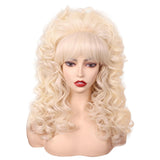 FantaLook Blonde Long Curly Wig with Bangs, Vintage Costume Wig for Women