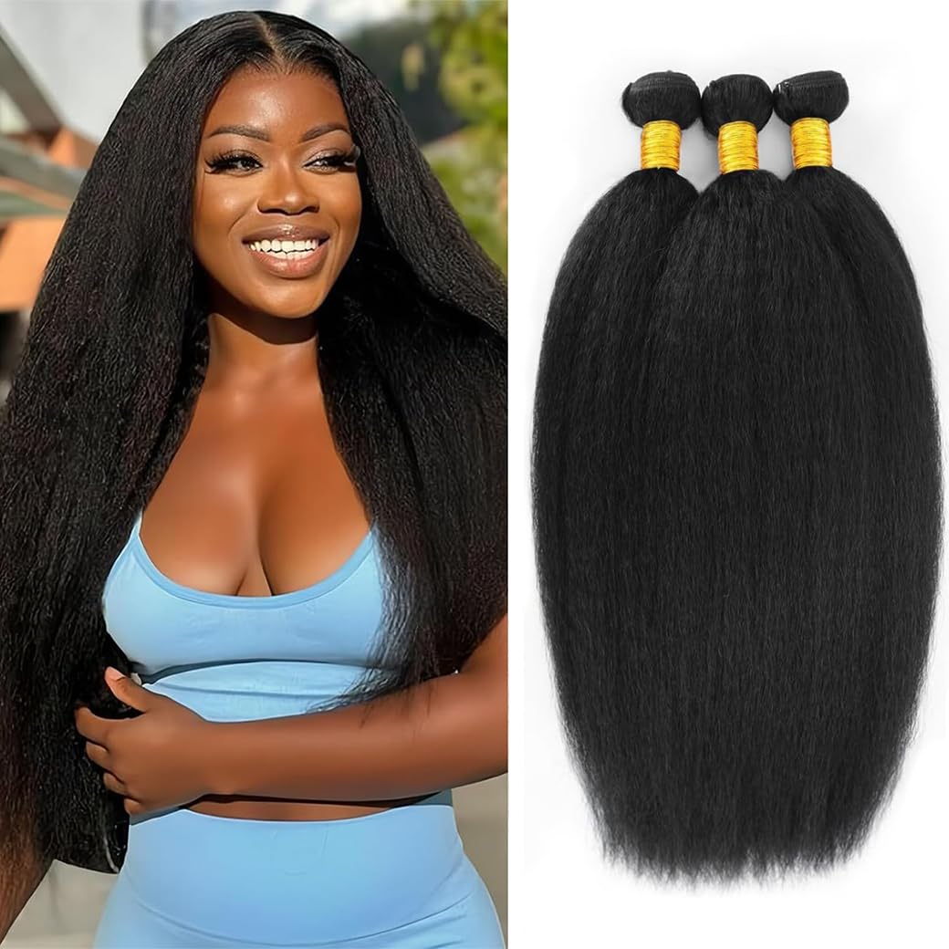 HAKDTFA 20 22 24 Inch Yaki Straight Human Hair Bundles, 100% Unprocessed Kinky Straight, Black