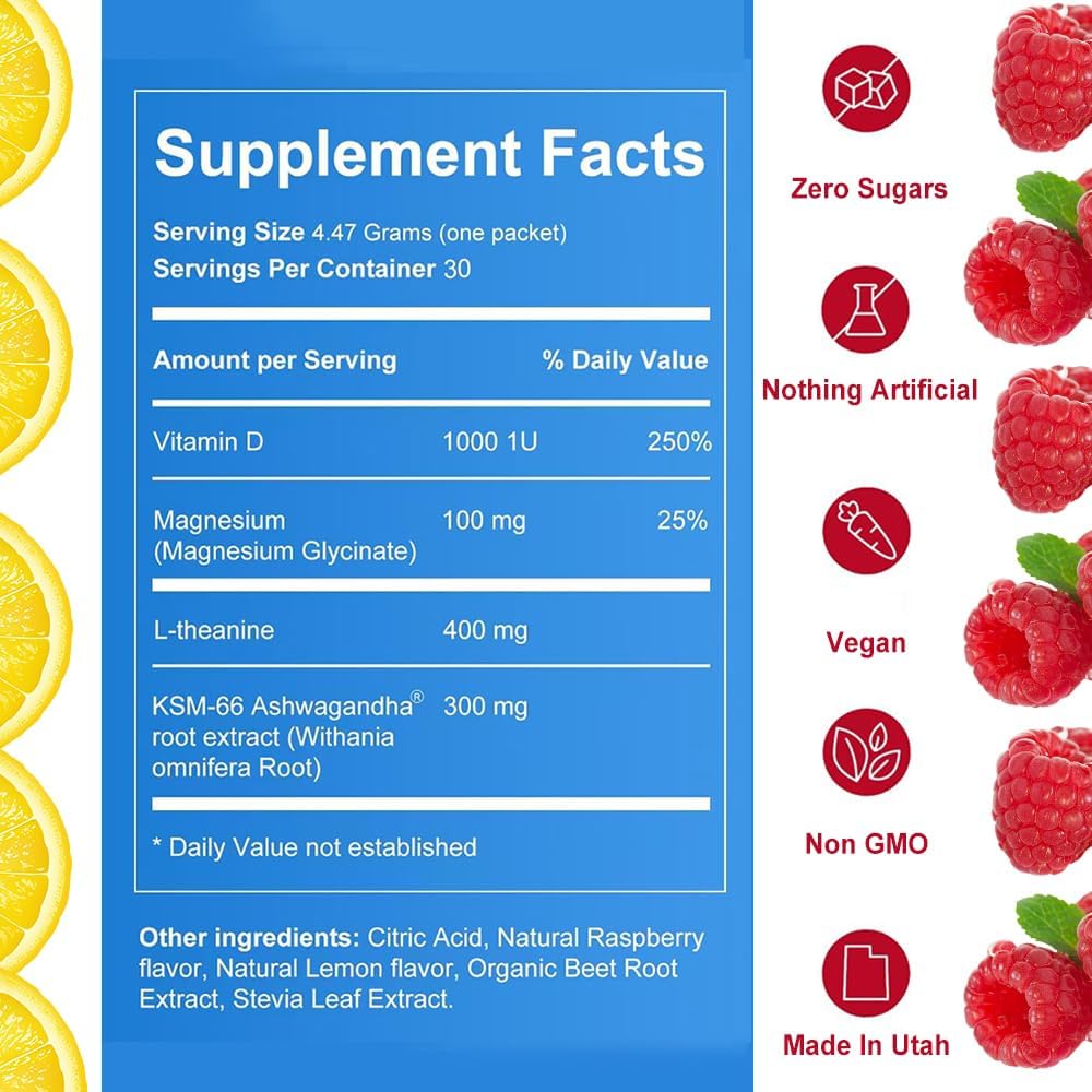 UltraCalm Super Cortisol Drink – Calm Magnesium Glycinate Powder – 30 Servings – L-theanine, Ashwagandha, Vitamin D – No Sugar – Raspberry Lemonade – Electrolytes Powder