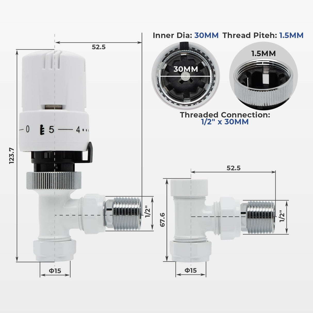 Thermostatic Radiator Valve Angled - Vancoco Thermostatic Valve for a Verti Cal Radiator TRV & Lockshield 1/2" x 15mm for Radiator Central Heating
