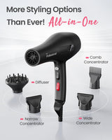 Dekuri Professional Ionic Hair Dryer AC Motor Fast Drying Salon Blow Dryer with Diffuser, Comb, Nozzle, Concentrator, for Curly and Straight Hair, 2 Speed & 3 Heat Setting, Cool Button, Black