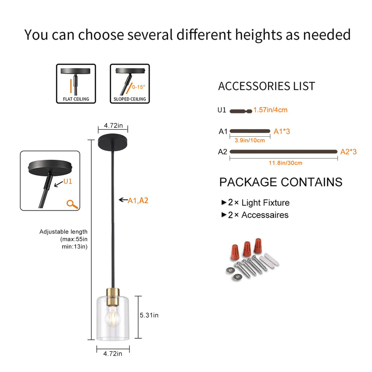 KLSS Black Brass Pendant Lights Kitchen Island - Clear Glass Pendant Light Fixture Multiple Stems Rods 3 Units 12 Inch 3 Units 4 Inch (2 Pack Black Brass Downrod)