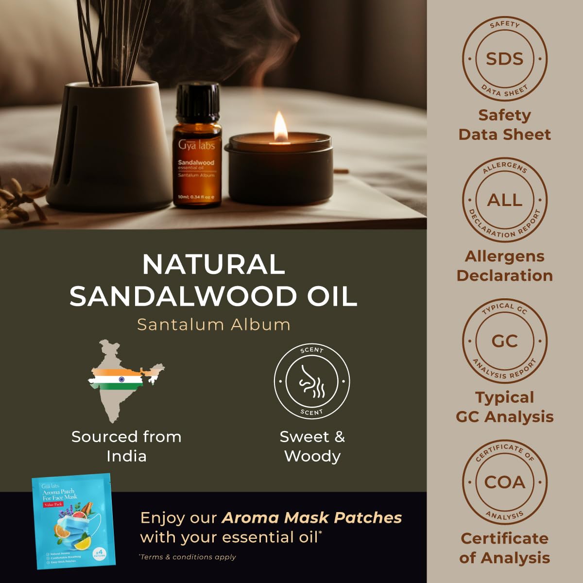Gya Labs Sandalwood Essential Oil for Serenity & Tranquil Living - 0.34 fl oz - 100% Pure Natural Premium Quality Sandalwood Essential Oils for Skin Care, Diffuser, Perfume, Candle and Soap Making