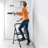 NEWBULIG 3 Step Ladder, Foldable Step Stool with Safety Lock, Lightweight Portable Steel Stool with Anti-Slip Rubber Feet,for Home Office Garage, Black