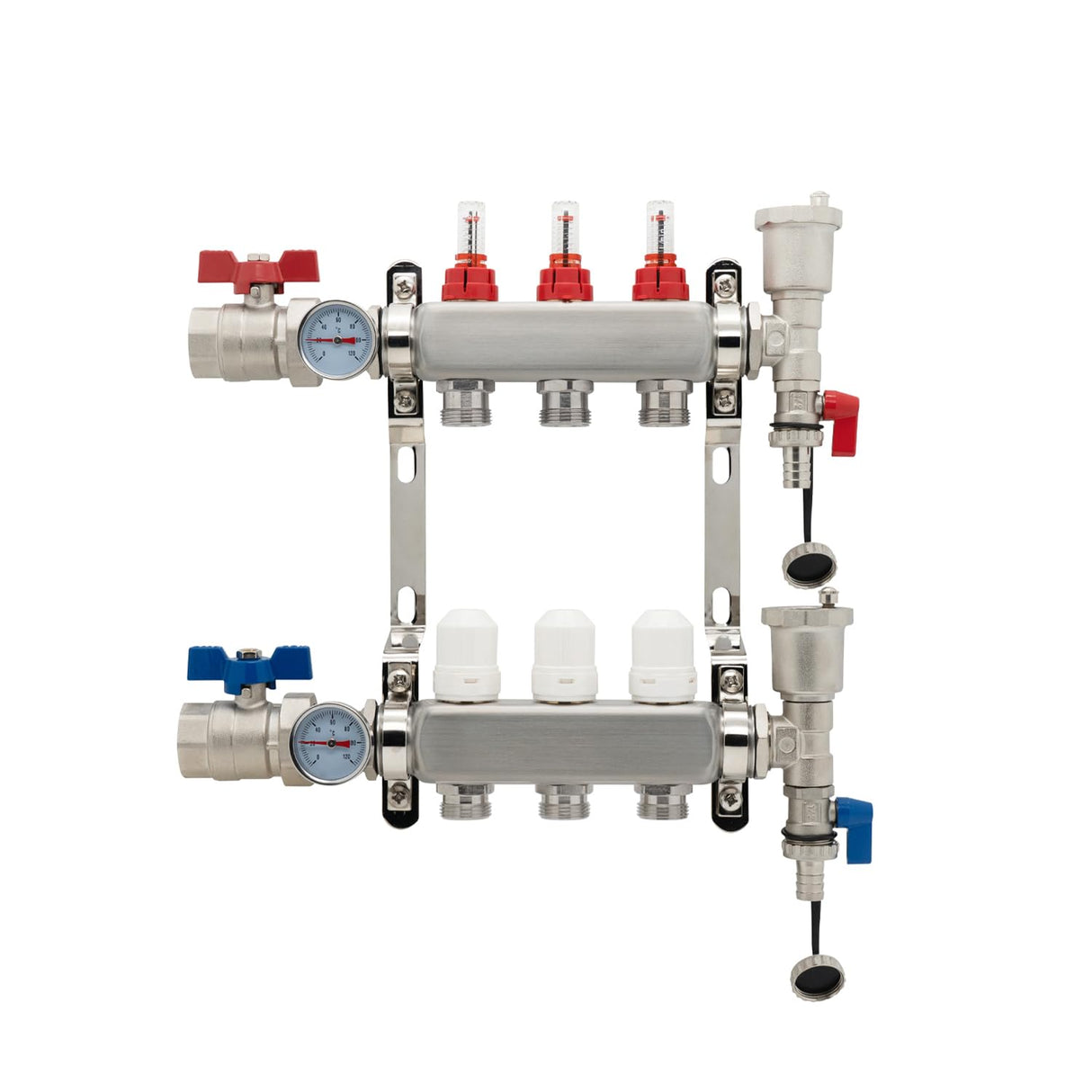 Vancoco 3-Port Stainless Steel Manifold Set, with Flow Meter, Auto Air Vent and 1" Ball Valves, Complete Underfloor Heating Kit