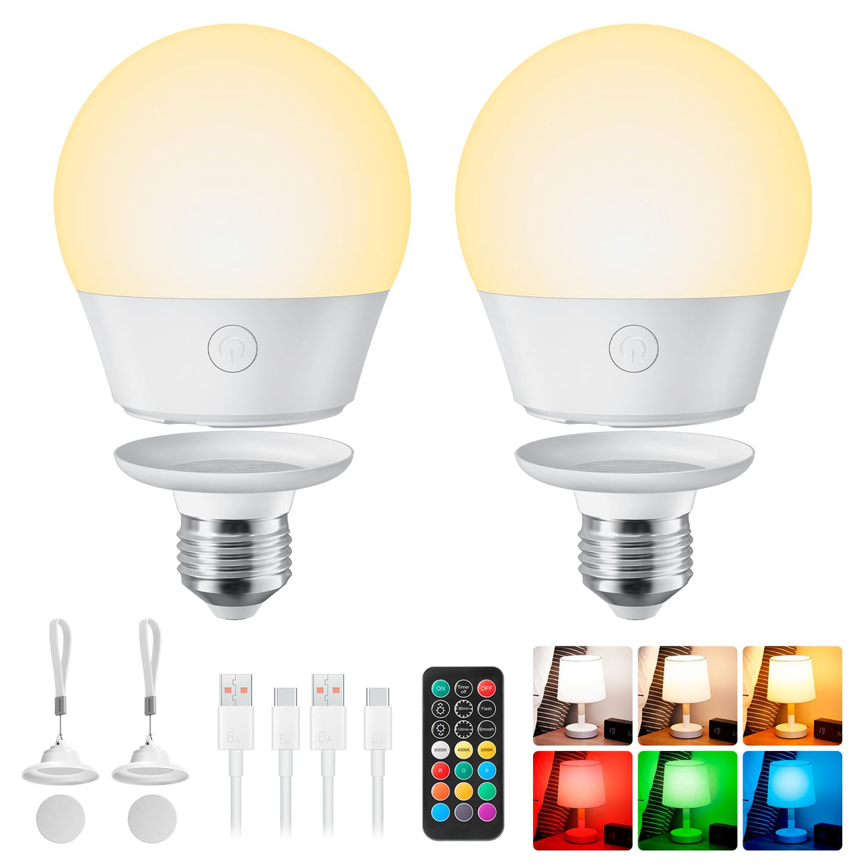 Brightown E26 Rechargeable Light Bulb with Remote and Timer, Battery Backup Bulb for Sconces and Lamps, Magnetic Bulbs for Non-Hardwired Fixture, 3 Color Temperatures + 9 RGB Colors, Dimmable, 2 Pack
