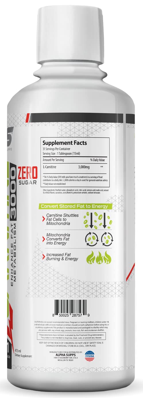 Alpha Supps - L-Carnitine 3000 mg Liquid | Stimulant-Free Amino Acid | 31 Servings (Cherry Lime Slush)
