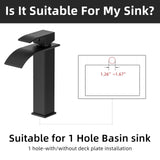 Rywuanku Matte Black Bathroom Faucet Waterfall Spout, Single Handle Sink Faucet with Pop-up Drain & Deck Plate, Modern 1 Hole Vanity Faucet for Vessel Sink