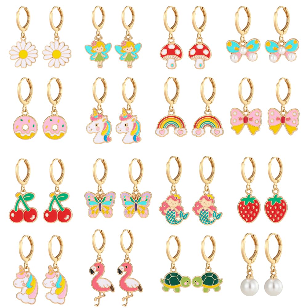 16 Pairs Hypoallergenic Dangle Hoop Earrings for Girls Teens Kids Women Cute Flower Animal Earrings Small Hoop Earrings Sets with Charms (Cute)
