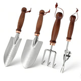 Zenrok Garden Tools, 4 Pack Garden Shovel with Wooden Handles Hand Tools with Transplanting Hand Shovel, Rake and Root Picker Ideal for Digging and Planting