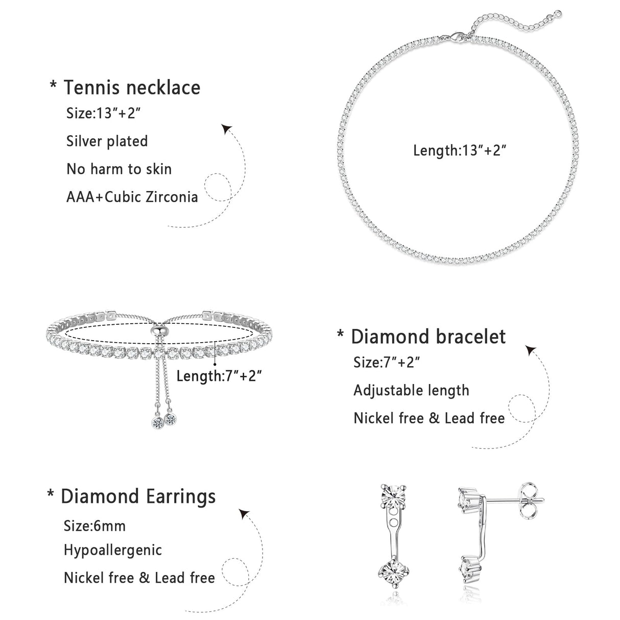 Luxval Tennis Necklace Set for Women Tennis Bracelets Diamond Earrings Sterling Silver Necklace Wedding Jewelry for Bride Silver Jewelry Sets for Women Gift