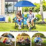 COSTWAY Double Portable Picnic Chairs, Folding Camping Chairs w/Detachable Umbrella, Cooler Bag, Cup Holders, Patio Beach Camping Chairs for Outdoors