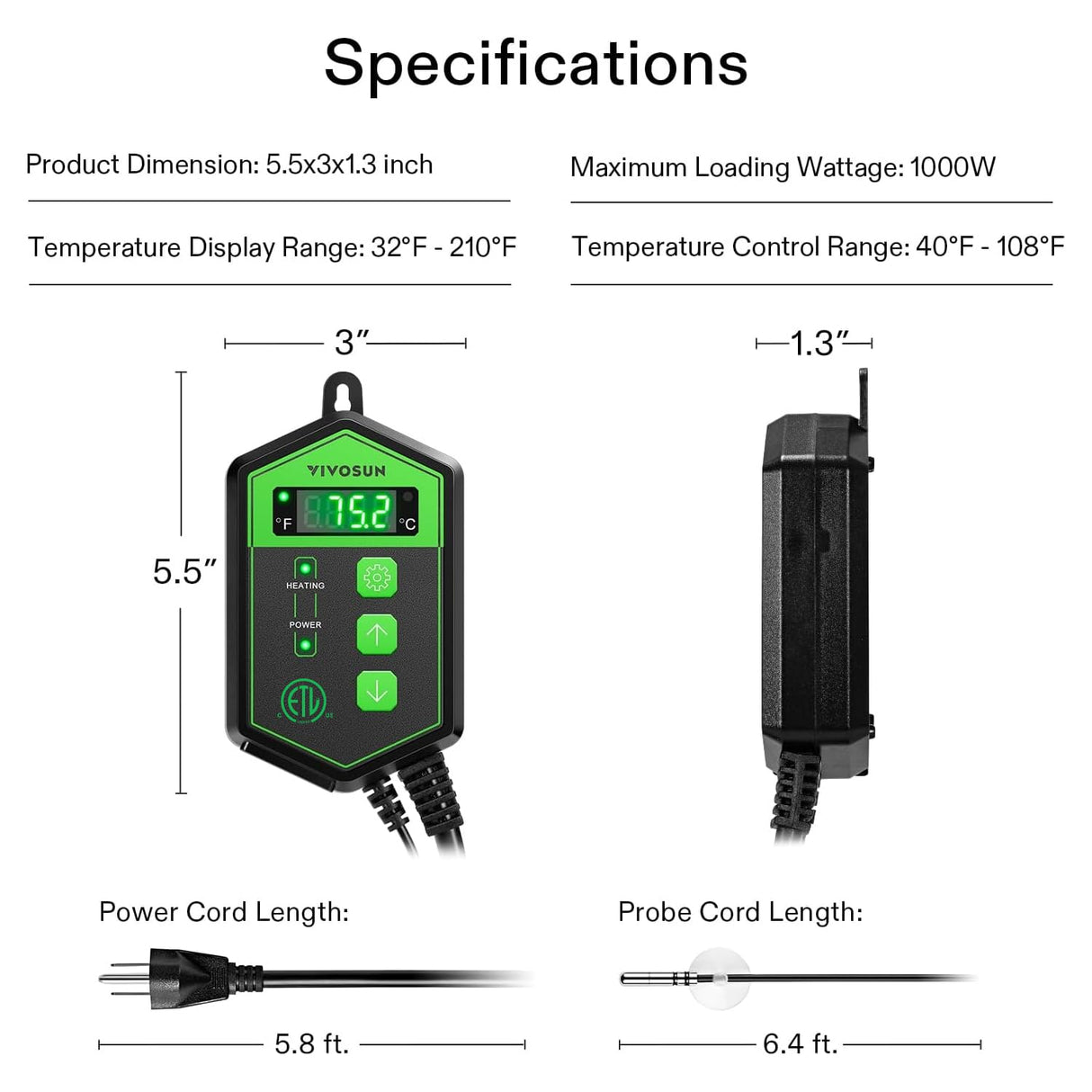 VIVOSUN Digital Heat Mat Thermostat Controller, 40–108 ºF 1000W for Reptiles, Seedlings, Germination, Incubation and Fermentation