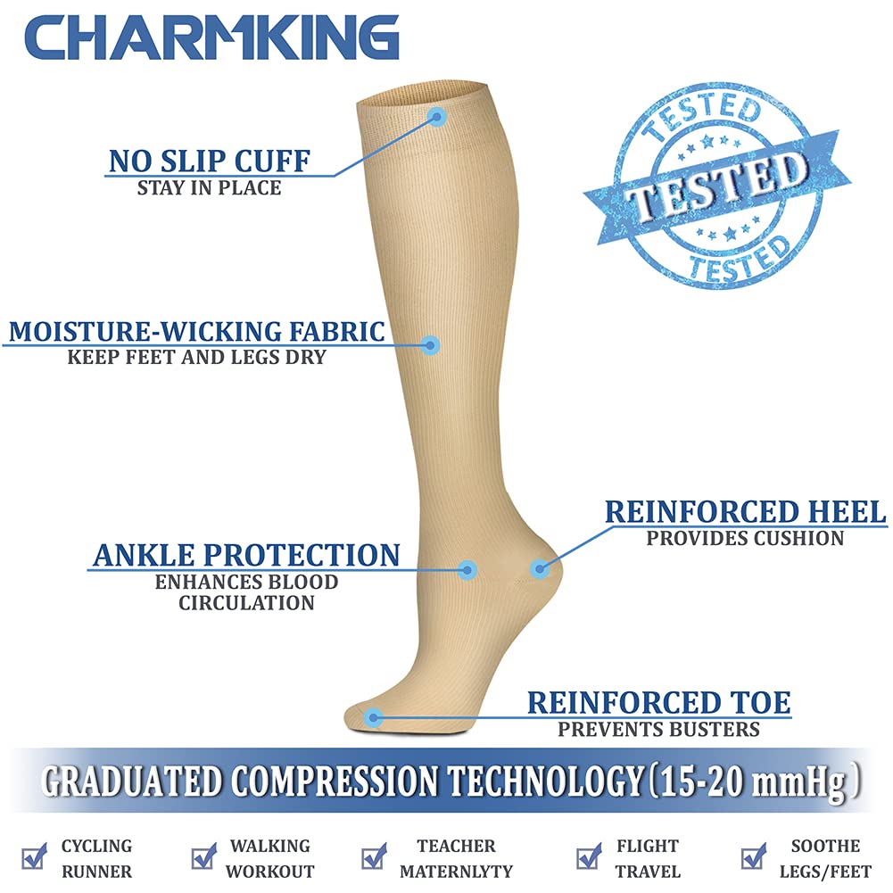 CHARMKING Compression Socks for Women & Men (8 Pairs) 15-20 mmHg Graduated Copper Support Socks are Best for Pregnant, Nurses - Boost Performance, Circulation, Knee High & Wide Calf (L/XL, Nude)