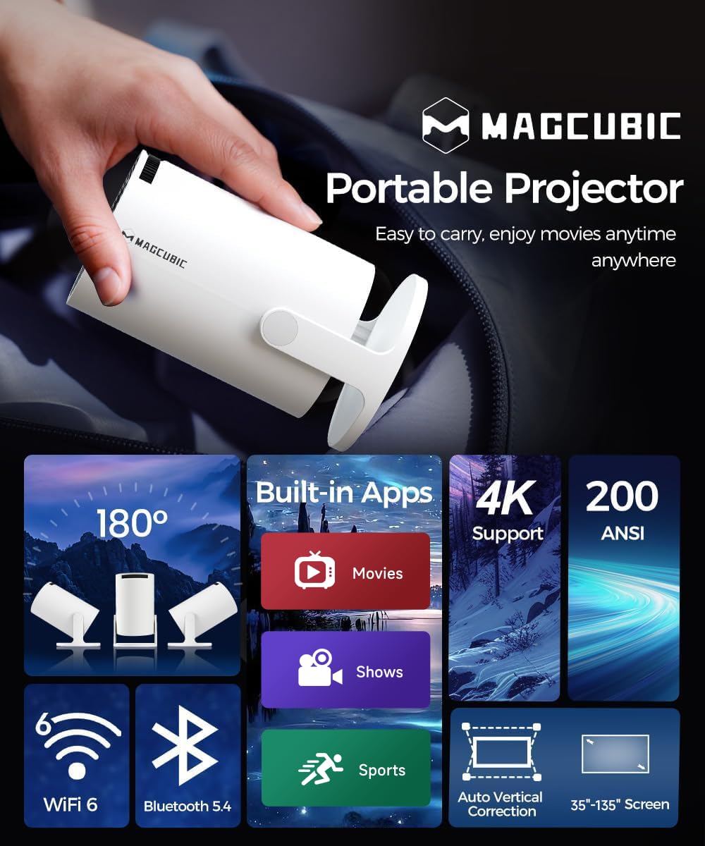 Magcubic Mini Projector with WiFi and Bluetooth, 4K Support Smart Portable Projector, Small Proyector with 200ANSl & AutoKeystone, 180° Rotation HY300Pro Video Proyector for Bedroom, Movie, Outdoor