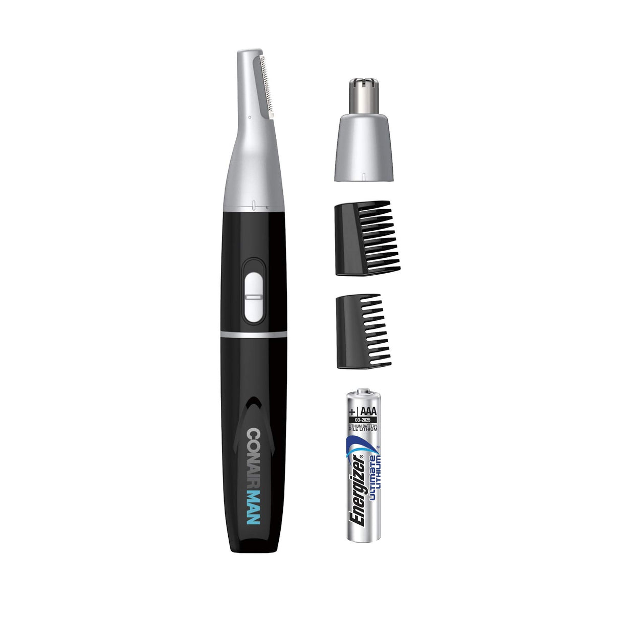 ConairMAN All-in-One Personal Trimmer for Men, for Nose, Ear, Eyebrows and Sideburns Hair Trimmer, 4 Piece Men's Grooming Kit, Lithium Battery-Powered
