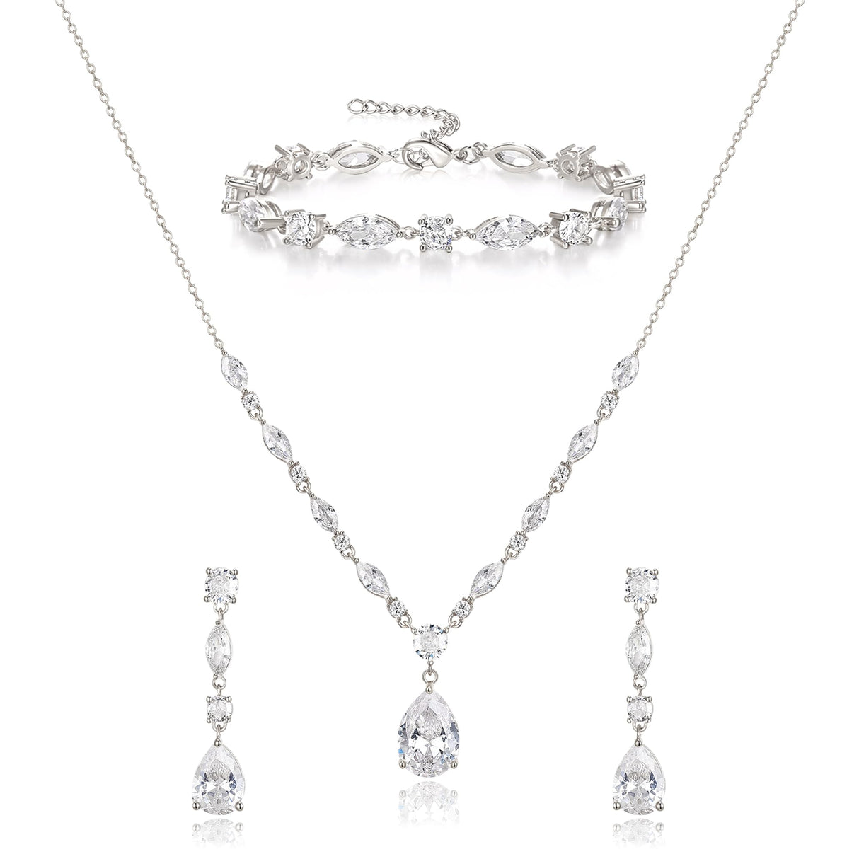 Clear Cubic Zirconia Drop Wedding Jewelry Set for Bride Bridesmaid Silver
