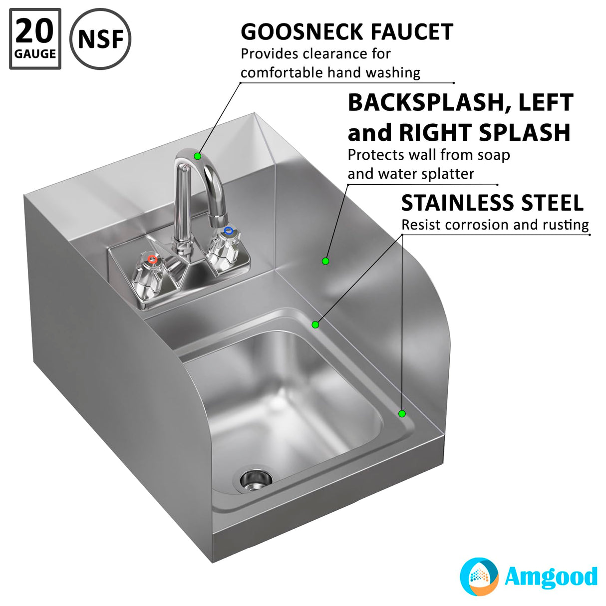 AmGood Stainless Steel Wall Mount Hand Sink with Faucet and Sidesplash 12" x 16" | NSF Commercial Hand Washing Basin For Restaurant, Kitchen and Home | Bowl Size: 9" x 9"