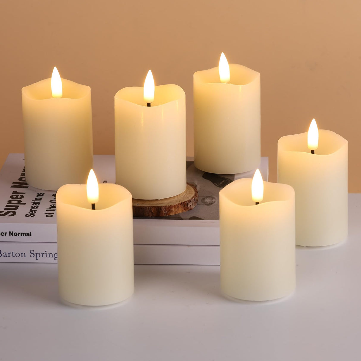 Eywamage Timer Flameless Votive Candles 2 inch x 3 inch , Flickering Small LED Pillar Candles Batteries Included, Ivory Christmas Home Decor 6 Pack with 5 hours timer