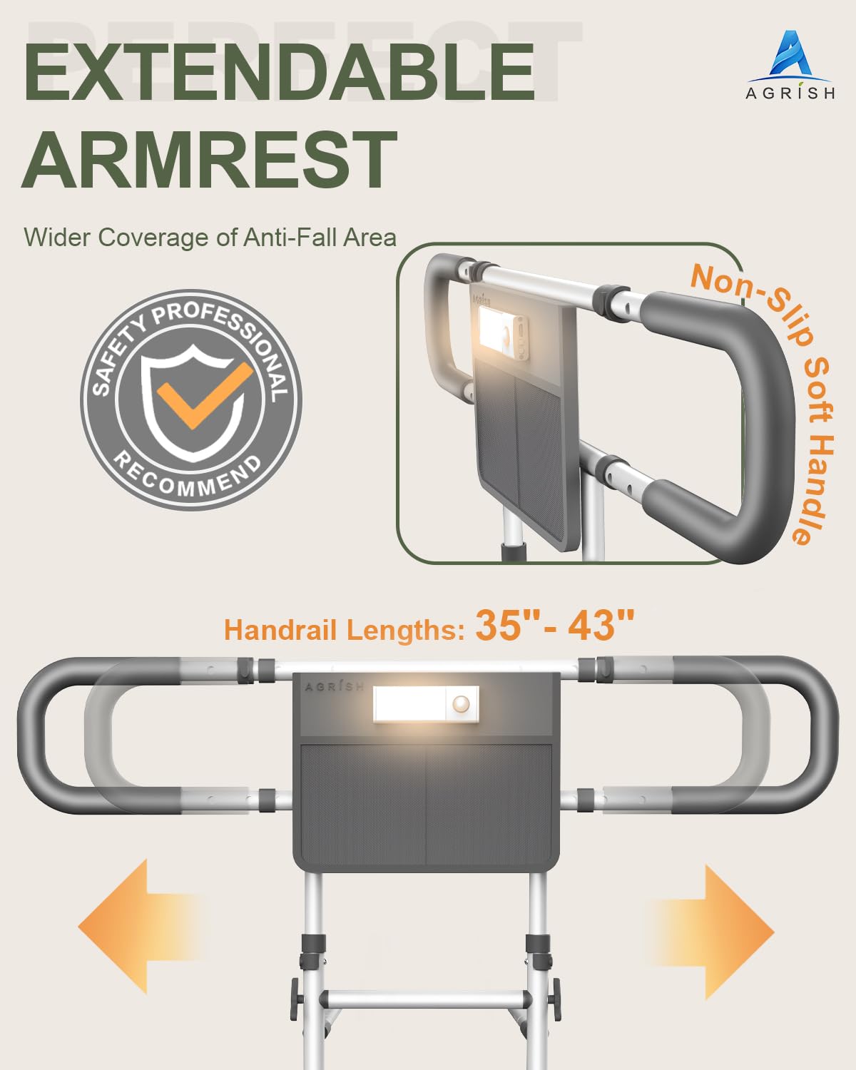 Agrish Bed Rails for Elderly Adults Safety - FSA/HSA Eligible with Motion Light & Storage Pouch - Bed Assist Rails for Seniors, Surgery Patients & Handicap, Fit King Queen Full Twin Bed