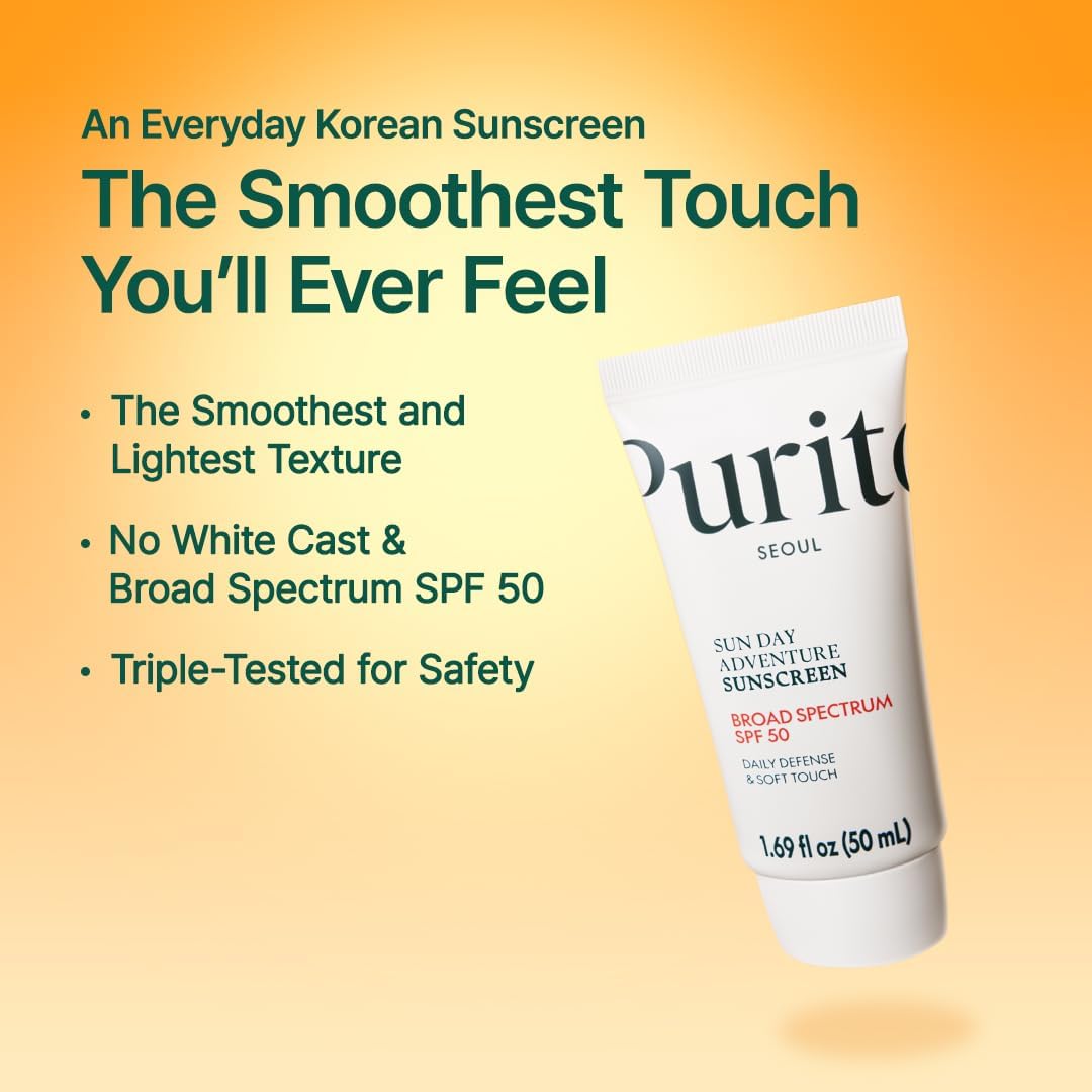 PURITO Sun Day Adventure Korean Sunscreen Smoothest and Lightest Texture Broad Spectrum SPF 50 UVA & UVB Protection No White Cast Oil Free For All Skin Types Vegan Daily Skin Care 50ml, 1.69 fl.oz