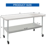 HARDURA Stainless Steel Table with Wheels 30 x 72 Inches Casters NSF Heavy Duty Commercial Prep Table with Undershelf and Galvanized Legs for Food Prep