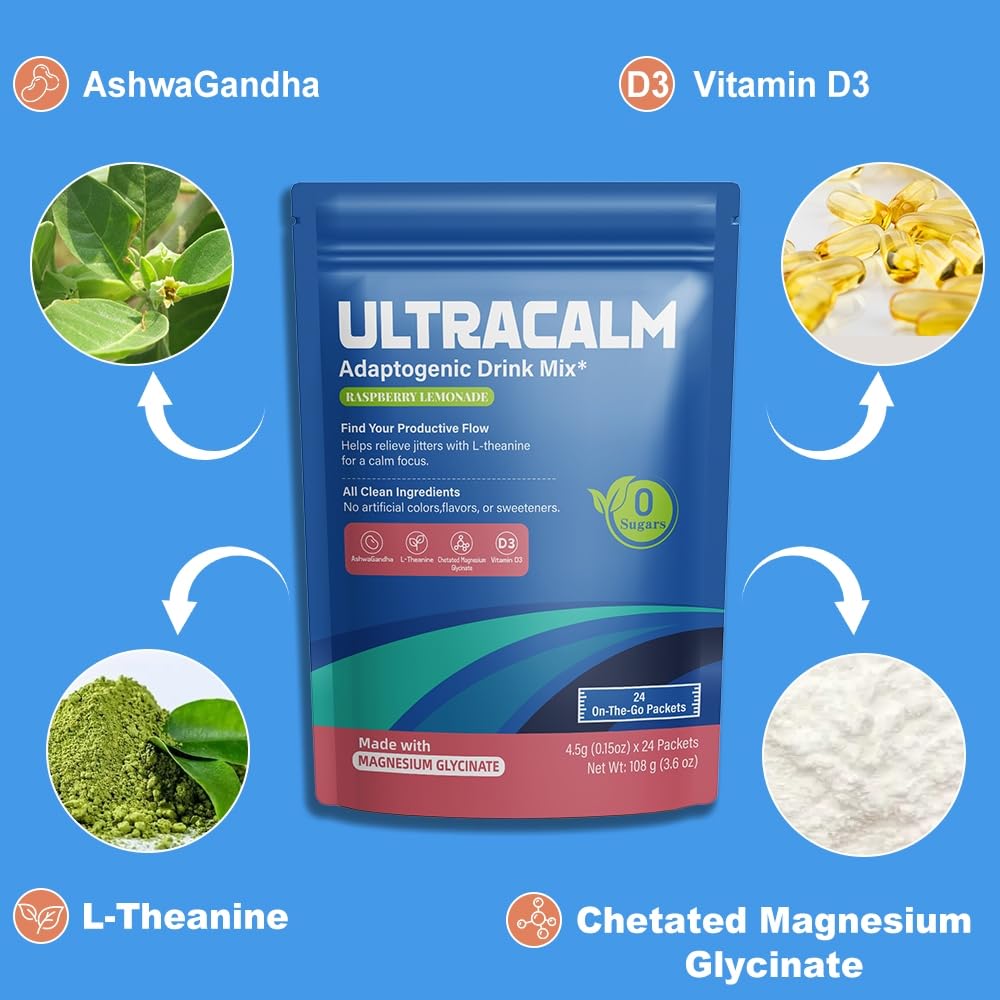 UltraCalm Super Cortisol Drink – Calm Magnesium Glycinate Powder – 30 Servings – L-theanine, Ashwagandha, Vitamin D – No Sugar – Raspberry Lemonade – Electrolytes Powder